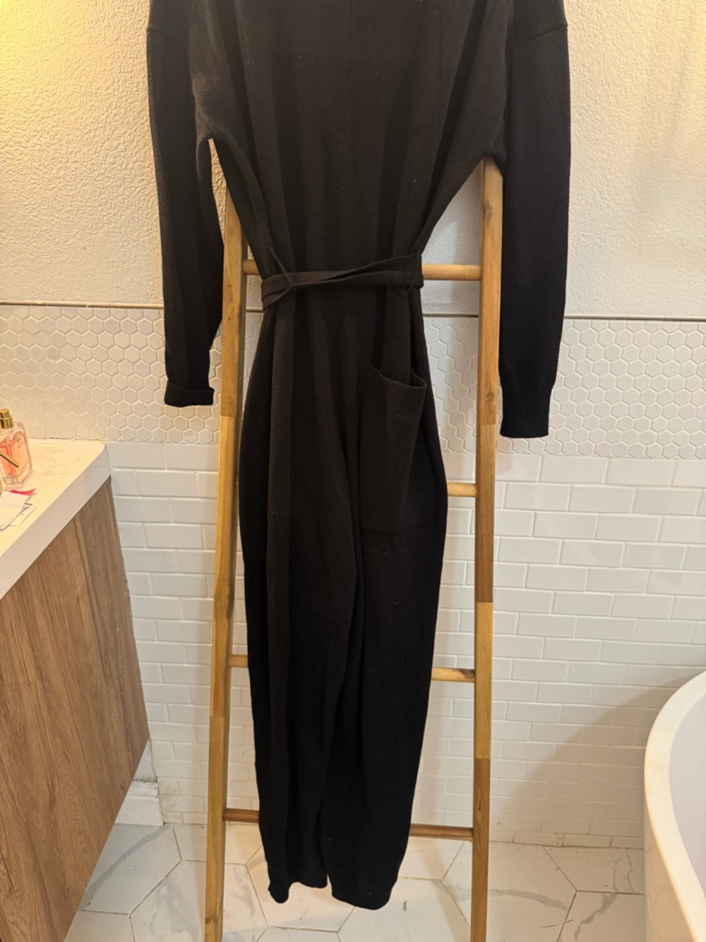 Alex Mill Merino Wool Cotton Blend Black Knit Jumpsuit with Tie Waist - Picture 12 of 13